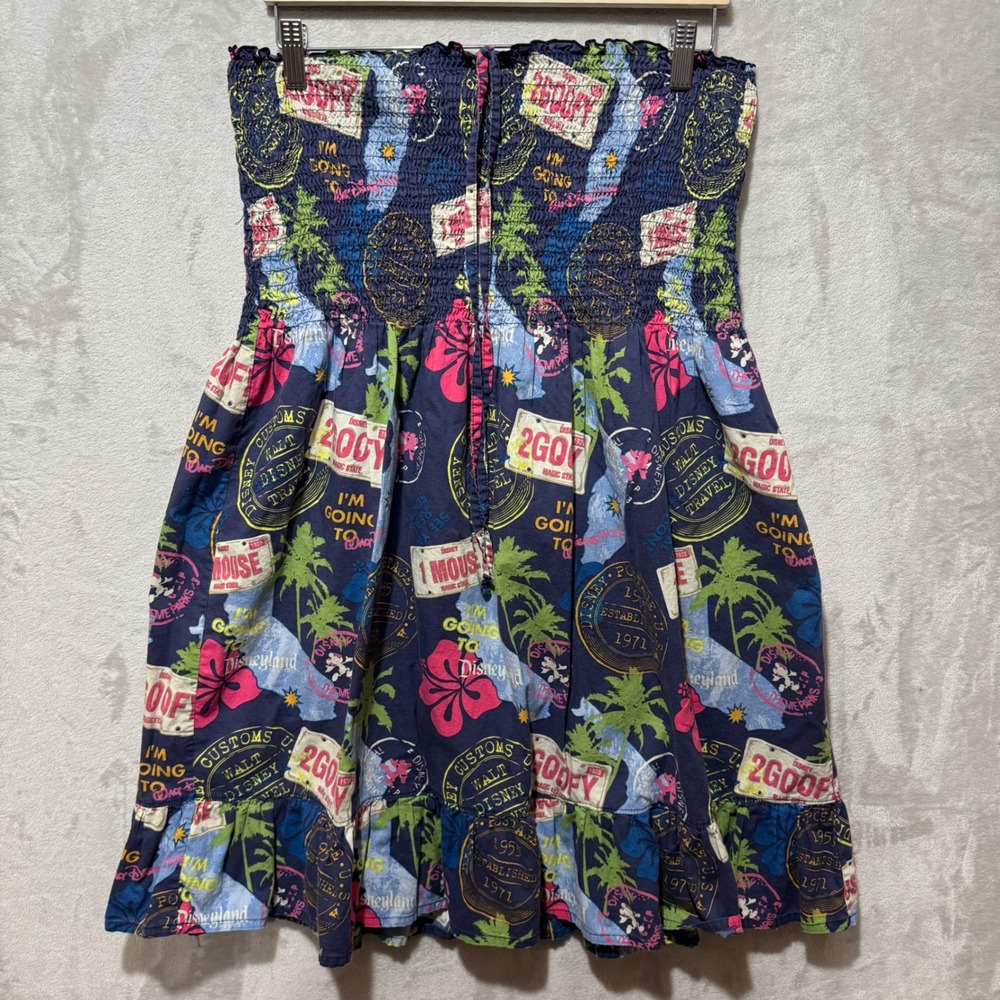 Vintage Walt Disney World Resort Strapless Smocked Dress Navy Tropical One Size